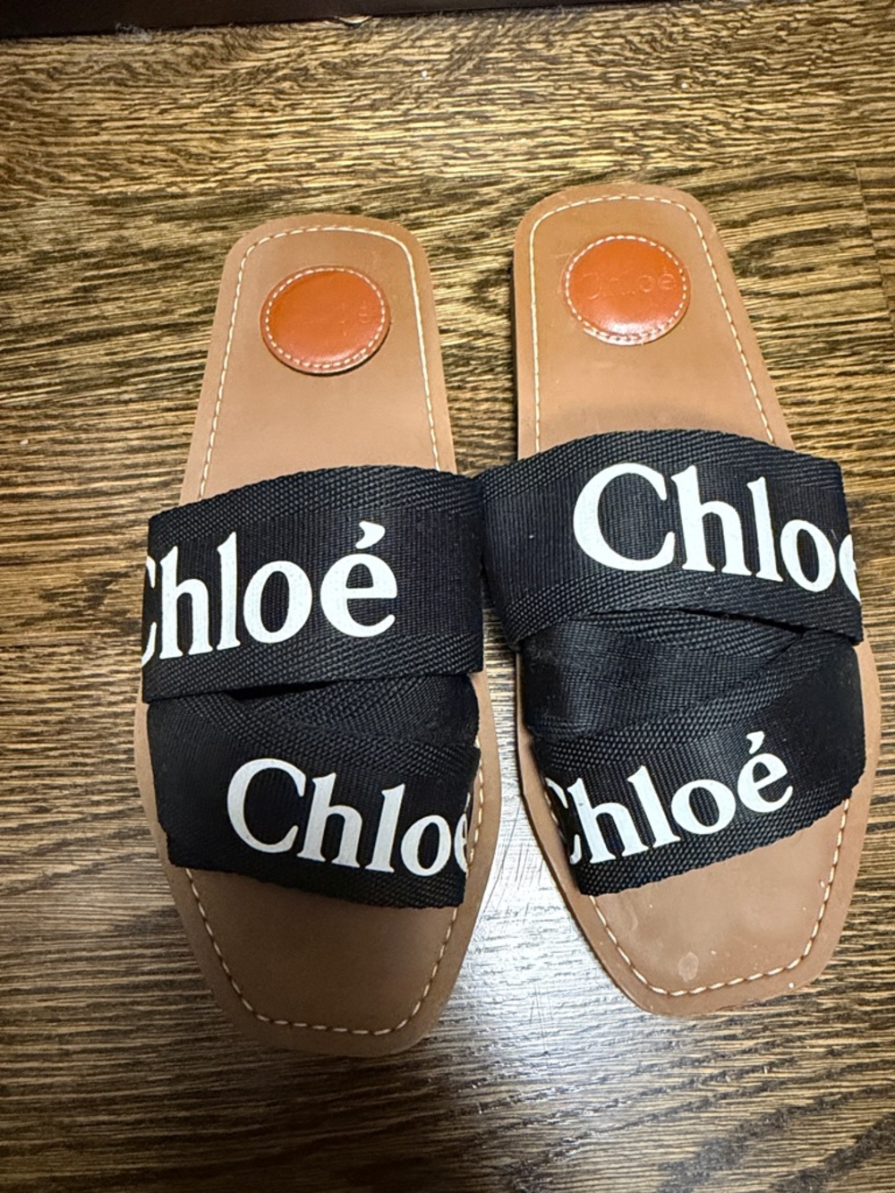 Chloé Black Logo Slide Sandals with Tan Footbed